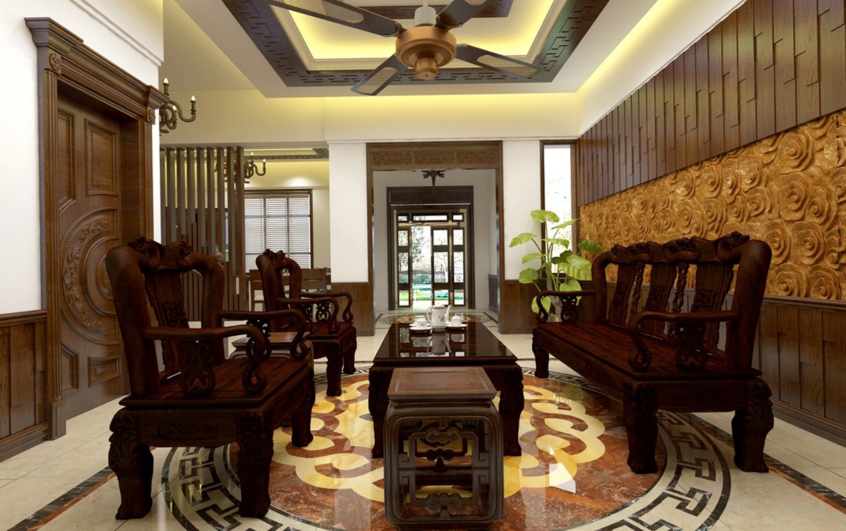 Phối cảnh nội thất phòng khách biệt thự 2 tầng đẹp, kiểu hiện đại